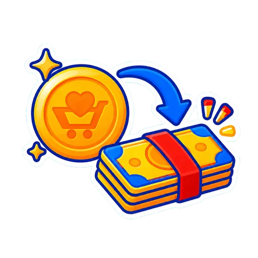 A ShopNJoy point coin converting into a bundle of cash